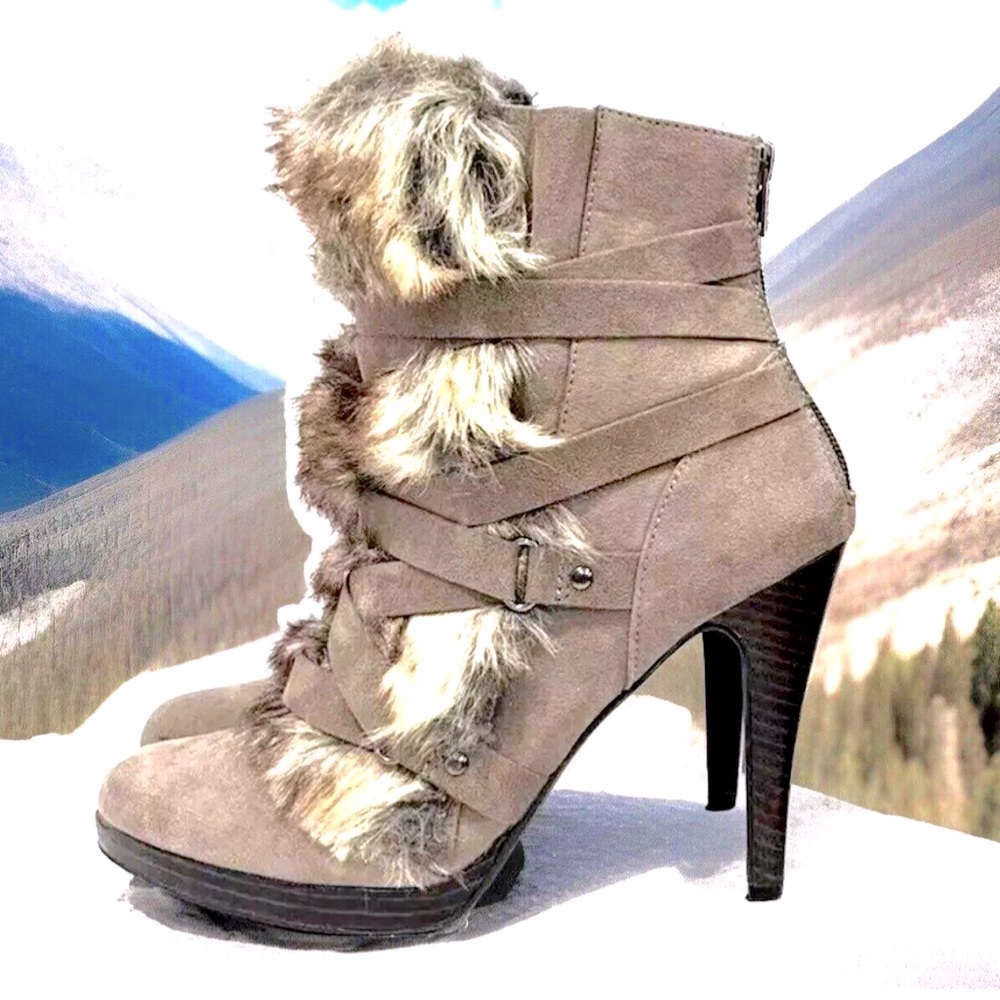 Elle Taupe Suede Ankle Booties with Faux Fur Trim